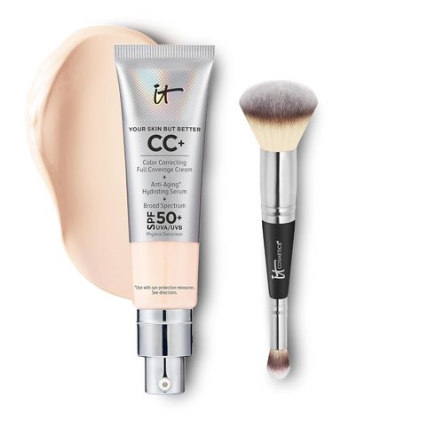 IT Cosmetics CC+ Cream - Full Coverage Foundation with SPF 50+ | Fair Beige - 1.08 fl oz & Brush #7 for Blending