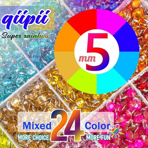 qiipii 6600Pcs 24 Color 5mm Crystal Resin Rhinestones w B7000 Jewelry Glue for Bedazzling Crafting Flatback Stones Colorful Crystals Gems Diamonds Charms for Nails Eyes Face Makeup Tumblers DIY Crafts