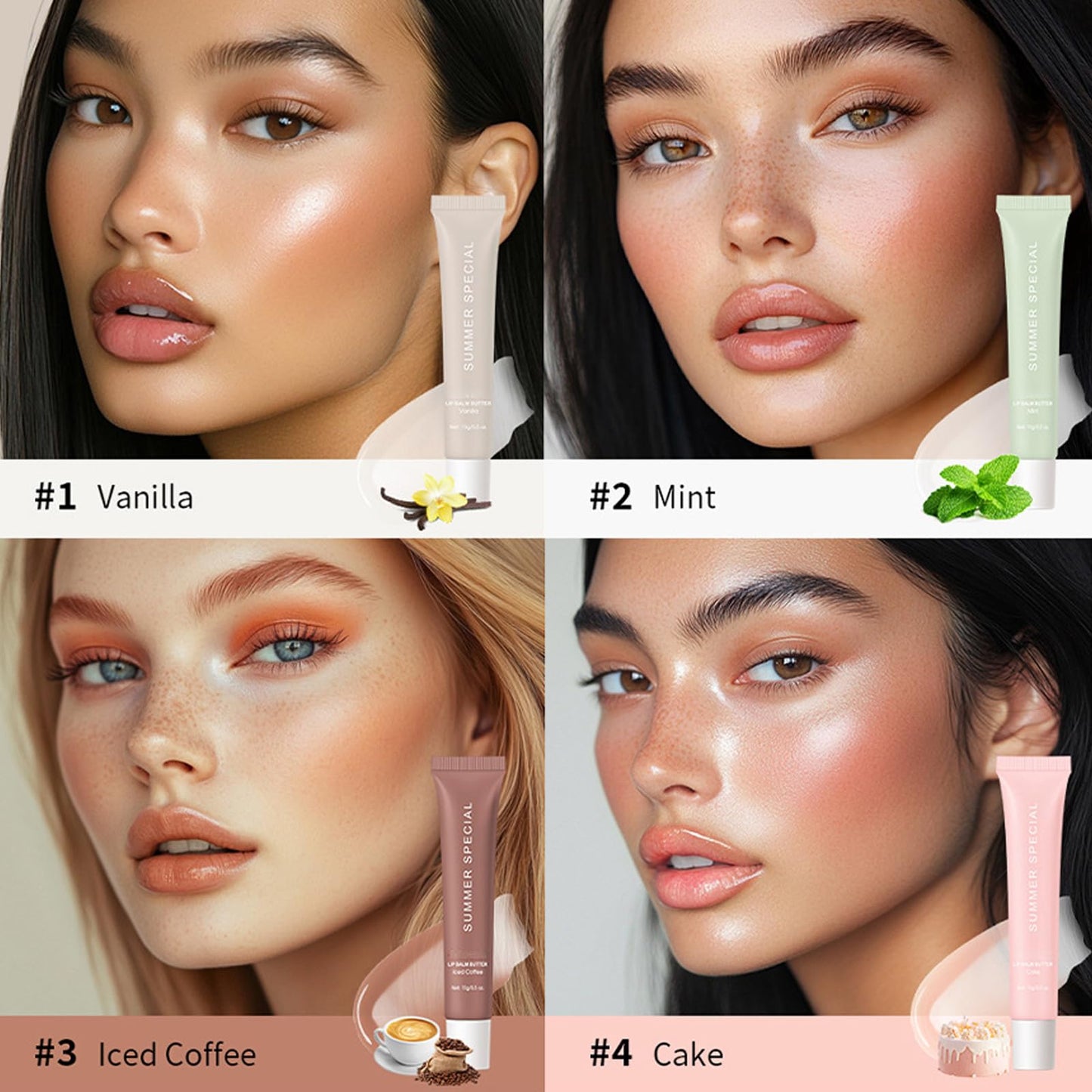 Summer Special Lip Balm Birthday Cake 4pack Set, Lip Butter Balm Shea Butter for Hydration & Shine, Plumping Butter Lip Gloss Clear for Women, Mini Long Lasting Lipstick (#4Cake)