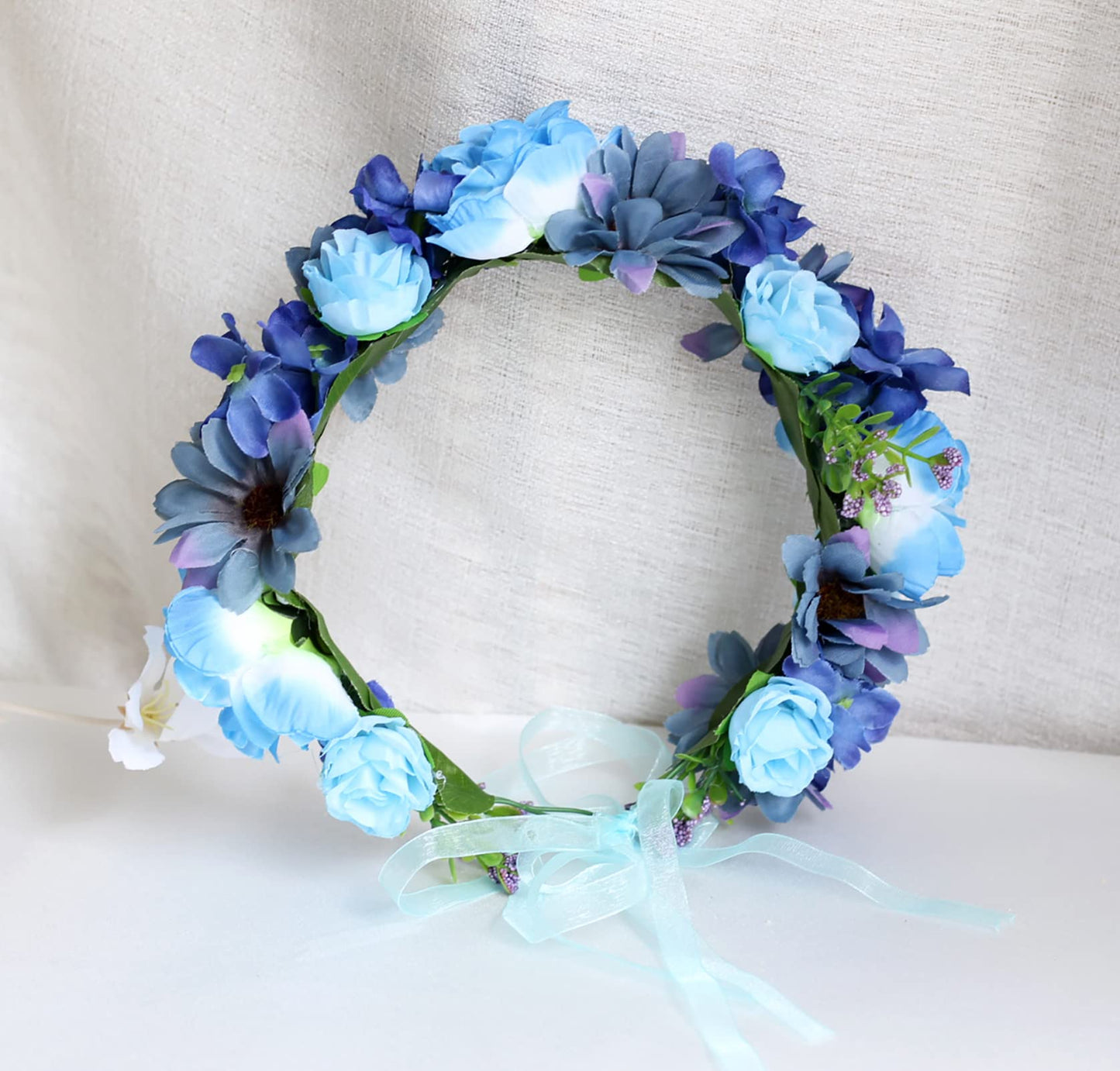 Trepveter Floral Crown Hairband, Blue, Adjustable Boho Halo with Ribbon, Perfect for Any Occasion Simulation Flower, 1x Flower Crown