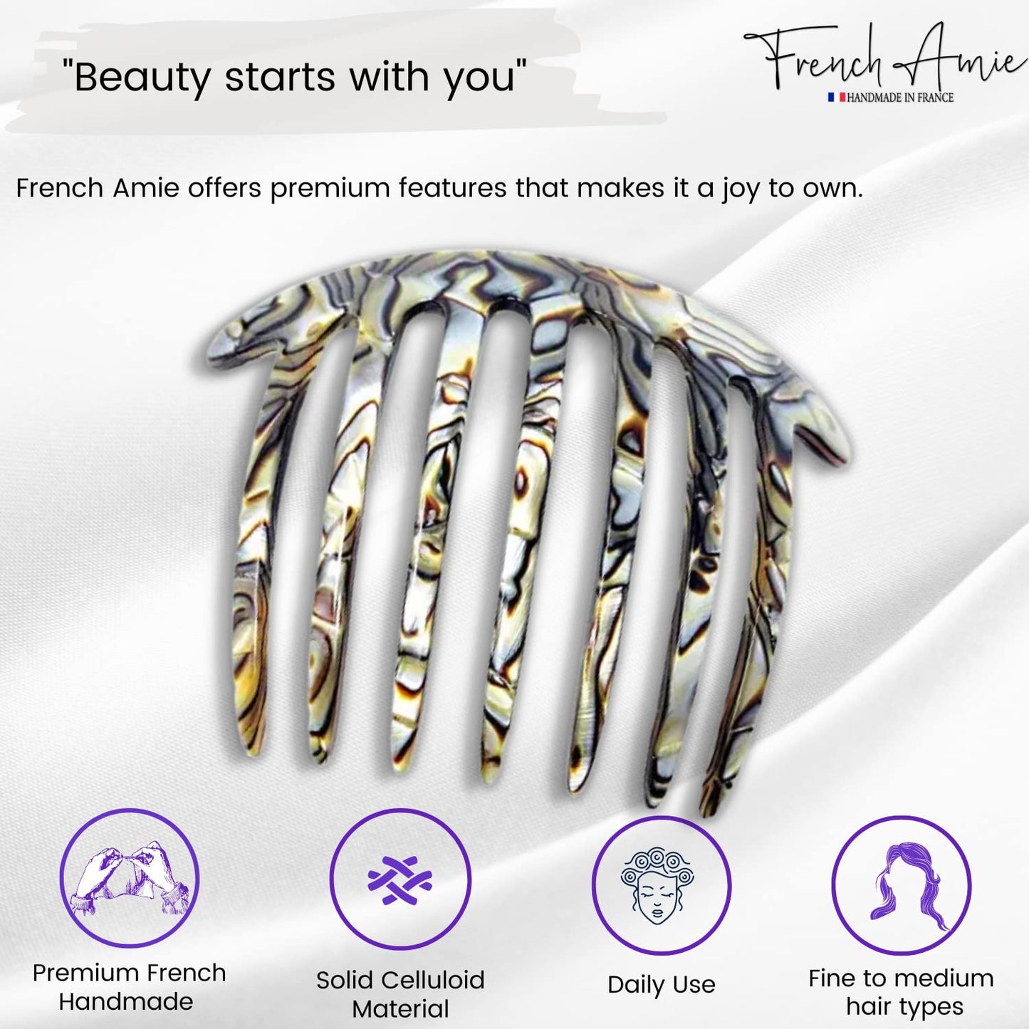 French Amie 7 Teeth Handmade Celluloid Side Hair Comb Flexible Durable Hair Combs Strong Hold Hair Clips for Women No Slip Styling Girls Paris Hair Accessories, Made in France (Silver Onyx Gray)