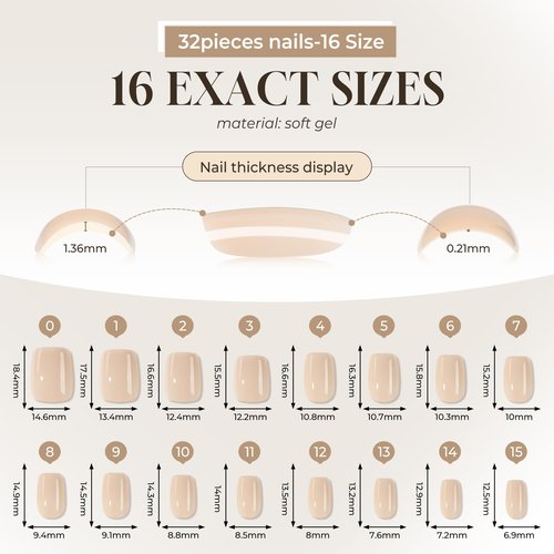 UNA GELLA Short Square Press On Nails: Nude Soft Gel Press Ons Short with Nail Glue, 16 Sizes - 32 Reusable Fake Nails Kit, Skin Tone Nude