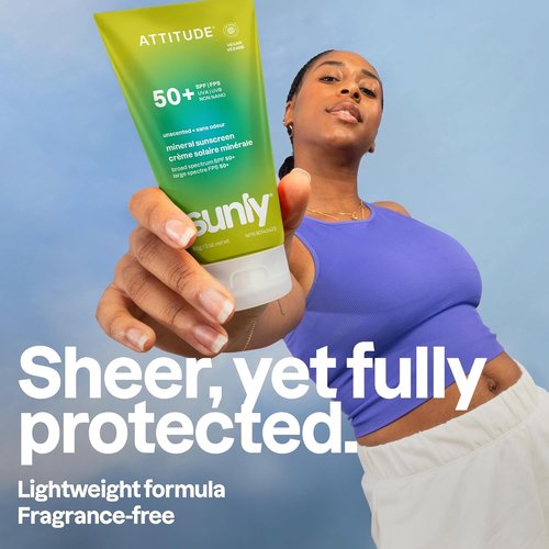 ATTITUDE Mineral Sunscreen SPF 50, Broad Spectrum Zinc Oxide, EWG Verified, Mineral-Based, Non-Nano, Lightweight Cream, Vegan, Unscented, 3 Oz