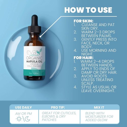 Eva Naturals Marula Oil - 100% Pure Cold Pressed Facial & Hair Serum - Lightweight Moisturizer for Aging Care - 1 Oz