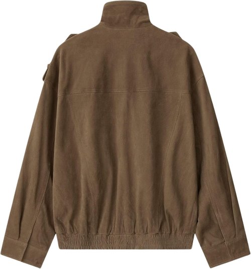 FindThy Women's Suede Leather Jacket - Vintage High Collar, Long Sleeve, Oversized Coat with Pockets