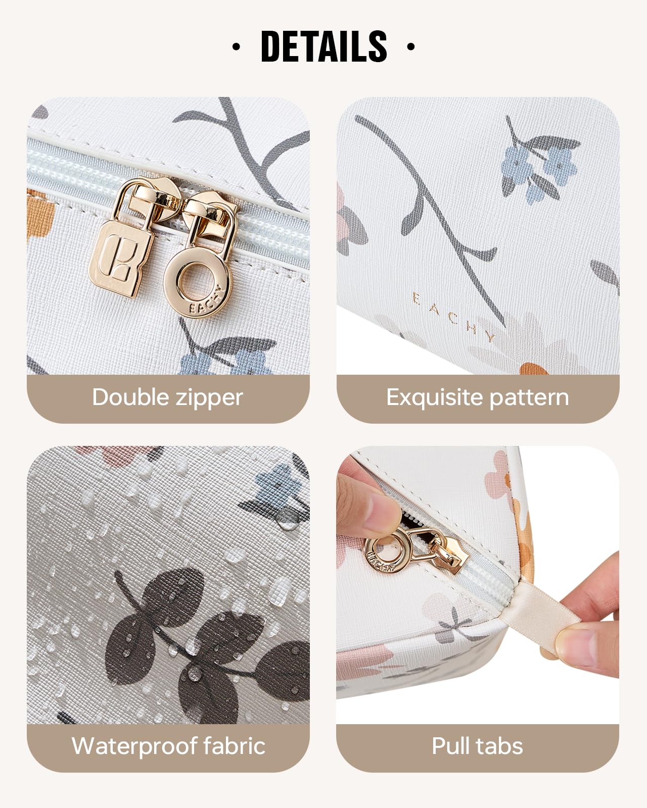 EACHY Travel Makeup Bag,Large Capacity Cosmetic Bags for Women,Waterproof Portable Pouch Open Flat Toiletry Bag Pattern Makeup Bag (D-White-Large)