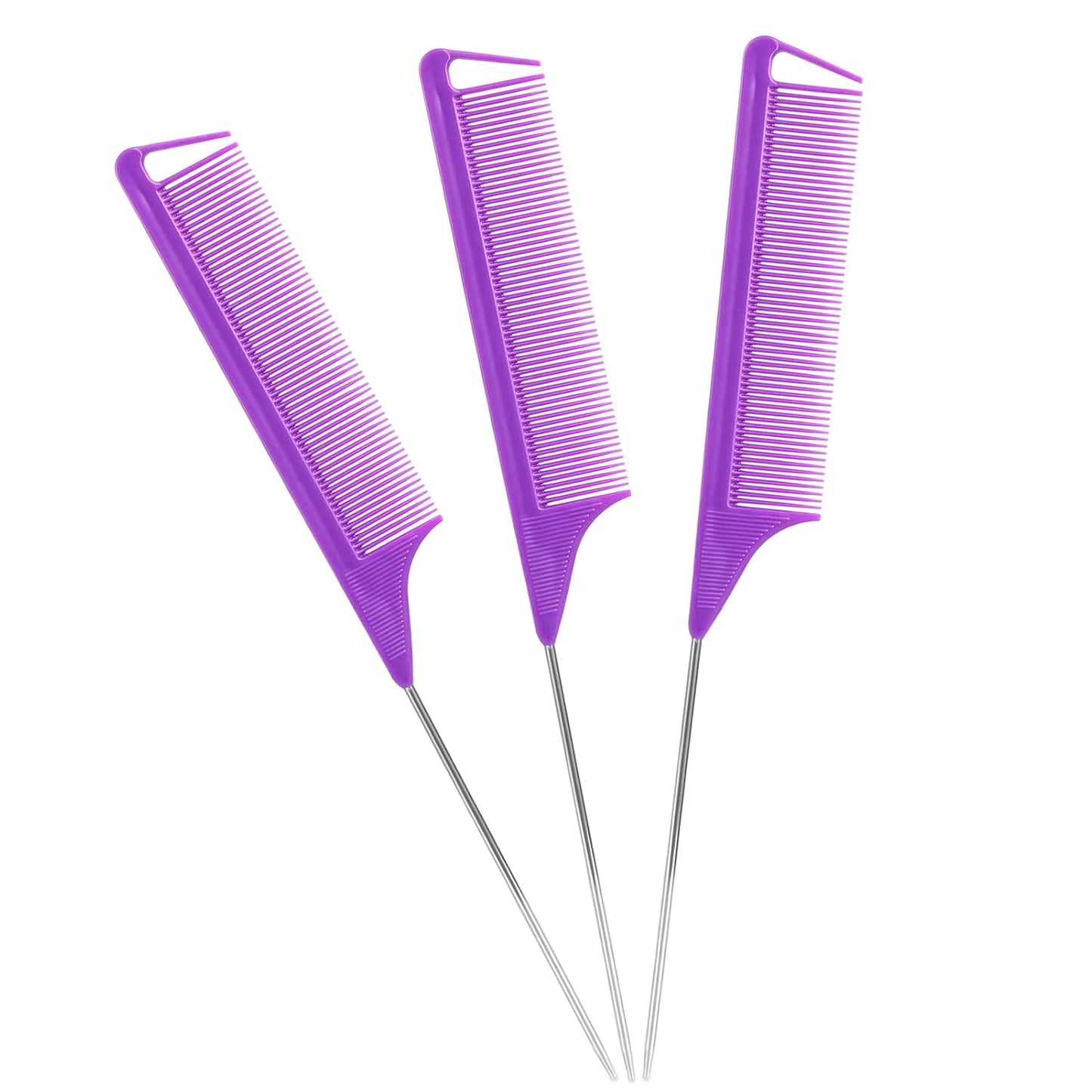 Rat Tail Combs Set: 3-Pack Teasing Styling Combs with Long Steel Pins for Women, Parting Combs for All Hair Types (Black)