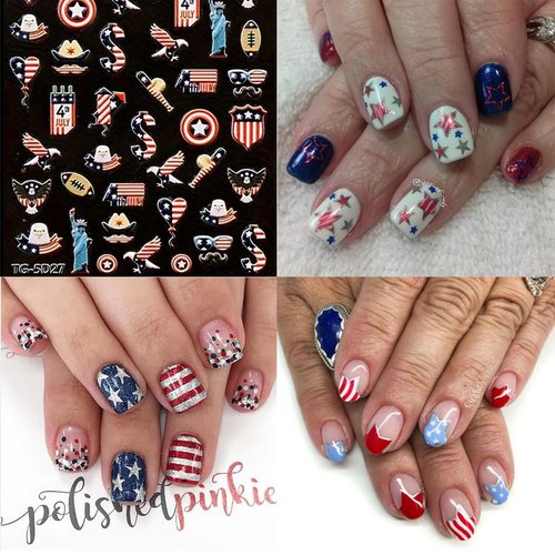 5Sheets 4th of July 5D Nail Art Stickers Decals Red Blue White American Flag Self-Adhesive Embossed Nail Decals Stars Heart Designs Independence Day Nail Decorations DIY Nail Supplies for Women Kids