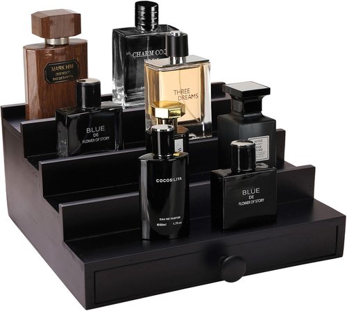 Regine Switzerland Cologne Organizer - 4-Tier Wooden Perfume Display Stand with Drawer & Hidden Compartment