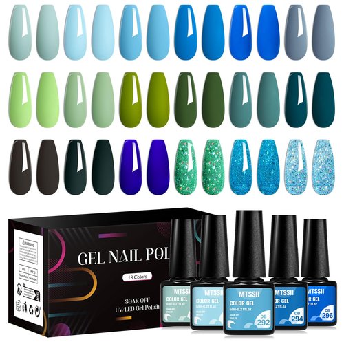 MTSSII 18 PCS Gel Nail Polish Set, Green Blue Gel Nail Polish Soak Off UV Polish For All Season Nail Art Salon Or Home Gift For Women