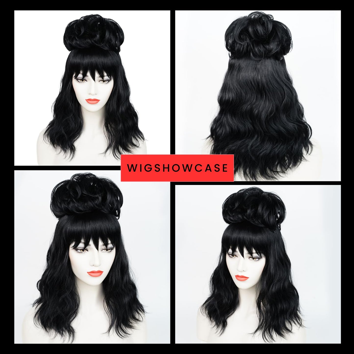 Wiggy Mermaid Black Lydia Wig with Red Veil, 40cm Long Black Wavy Bride Wig Goth Wig with Detachable Bun + Wig Cap for Halloween Costume Party Cosplay