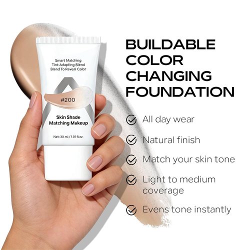 KYDA Color Changing Foundation - Skin Tone Matching Liquid Makeup for All Skin Tones | Medium to Full Coverage, Hydrating Formula #200