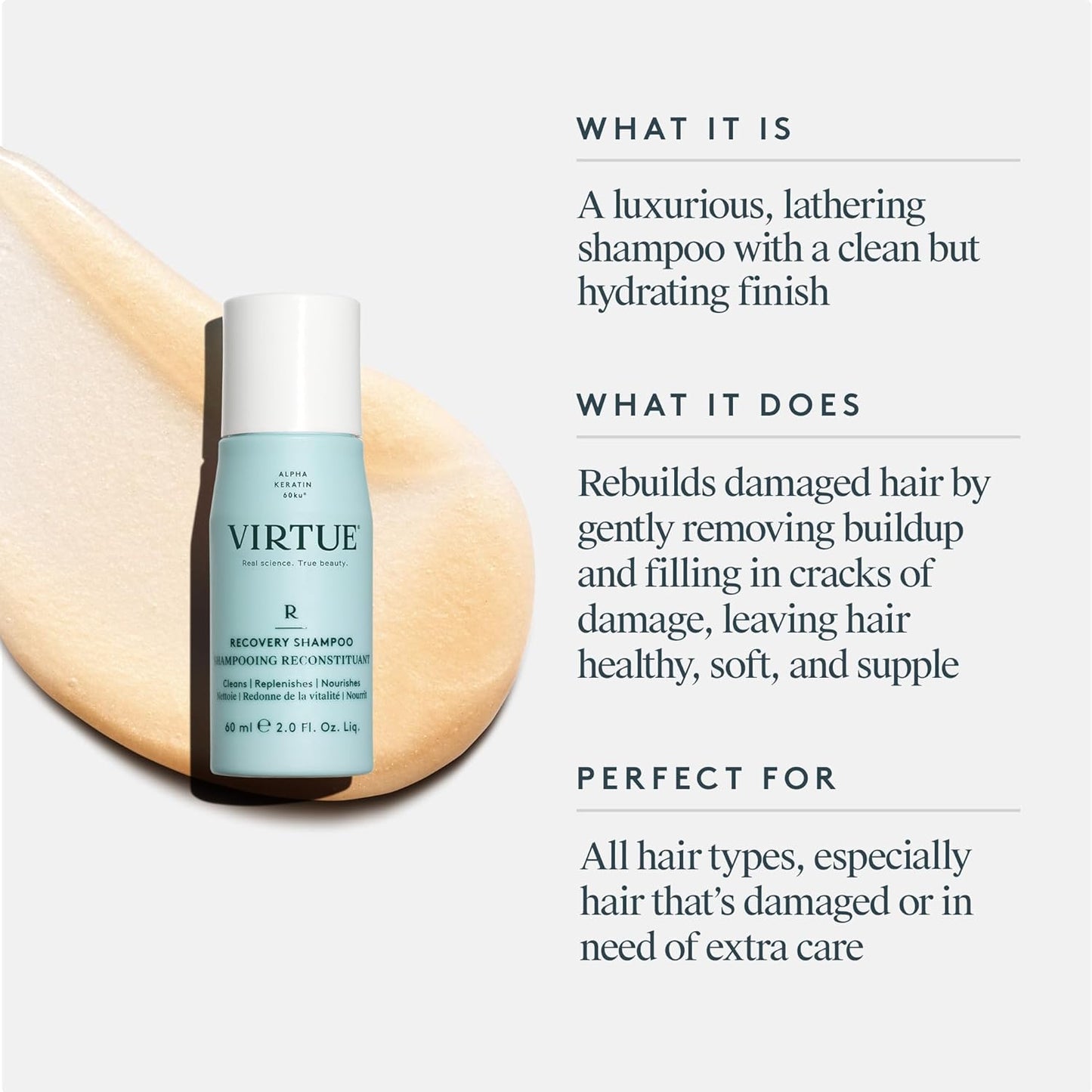 VIRTUE Recovery Shampoo - Sulfate-Free Formula with Keratin & Baobab Oil for Damaged Hair