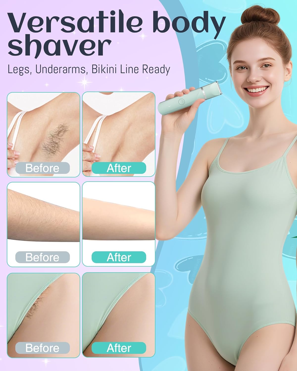 Skiennix Bikini Trimmer for Women - Rechargeable Electric Razor with Ceramic Blades | Waterproof, Green