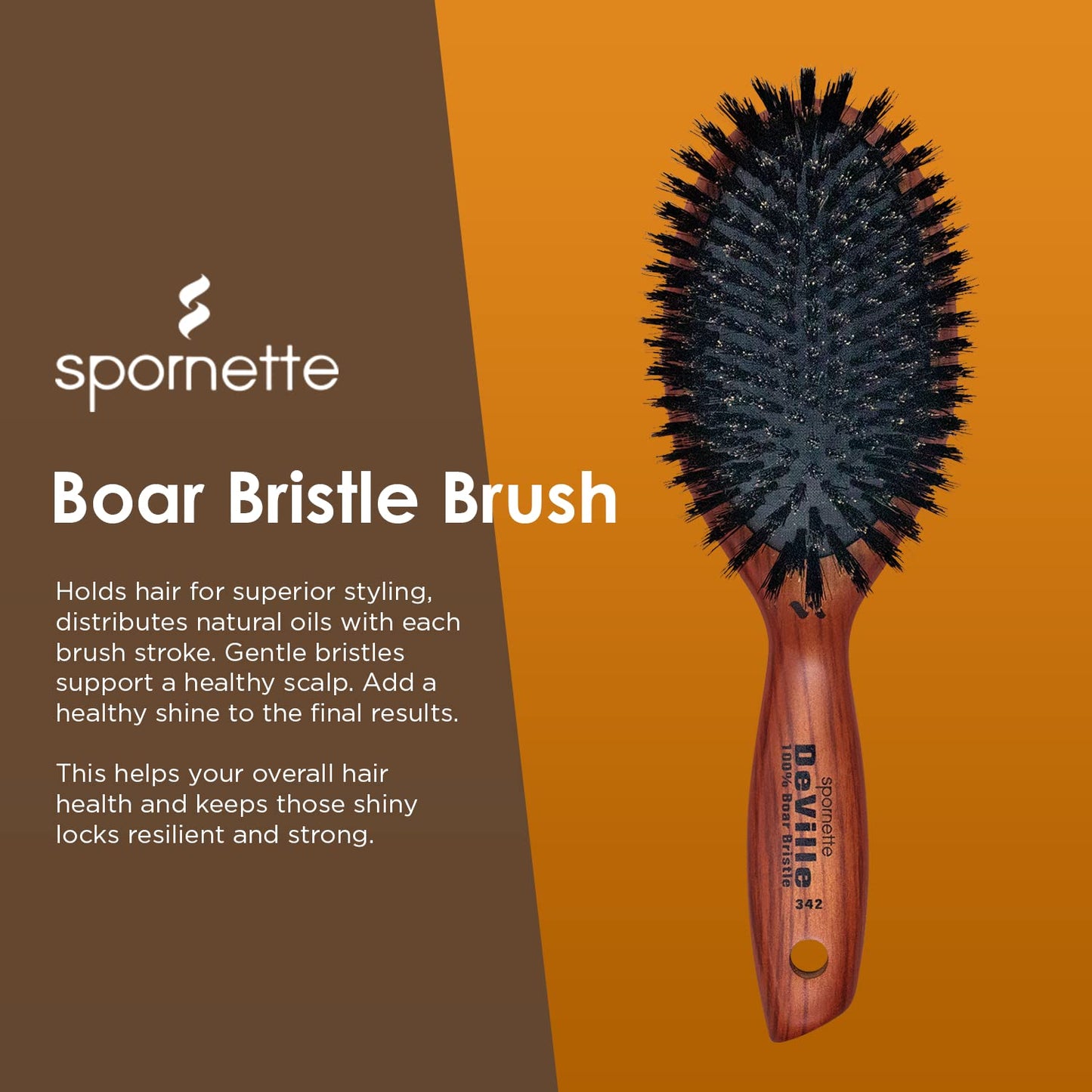 Spornette Deville Boar Bristle Paddle Hair Brush - Cushion Oval for Smoothing, Detangling & Blow Drying