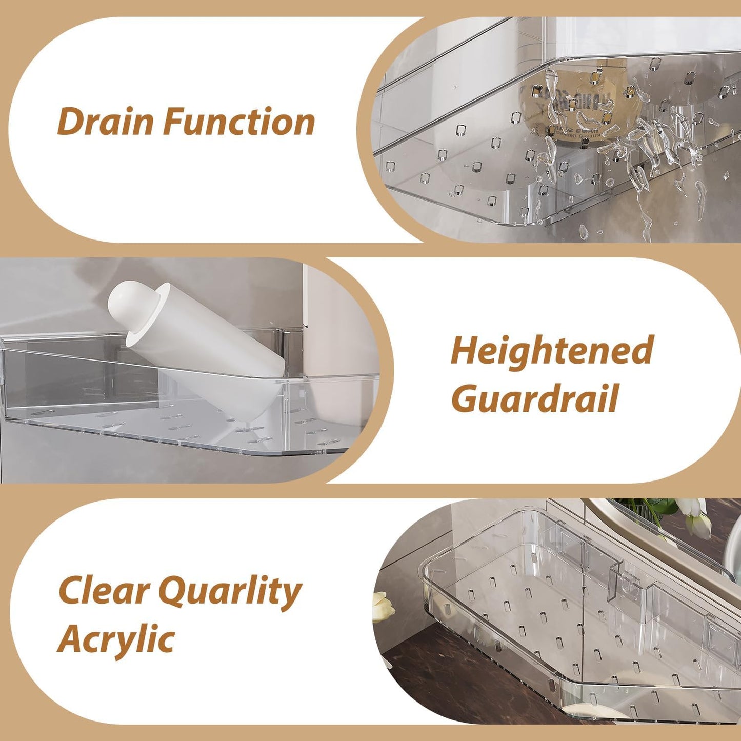 Skiennix Corner Shower Caddy - Wall Mounted Acrylic Shelf with Adhesive Tapes & Drainage Holes | Adjustable Angles, No Drilling