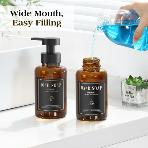 Luxspire Foaming Soap Dispenser - 15 Oz Glass Pump Bottle with 5 Waterproof Labels | Amber, 2 Pack for Kitchen & Bathroom