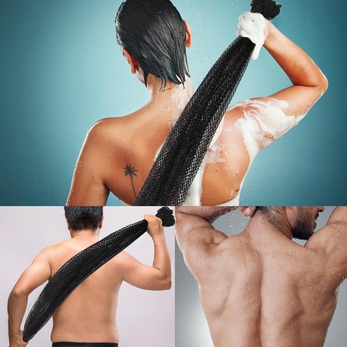 JASSINS Bath Net Sponge - Long Exfoliating Shower Body Scrubber | 66 Inch Stretch Length (Black)