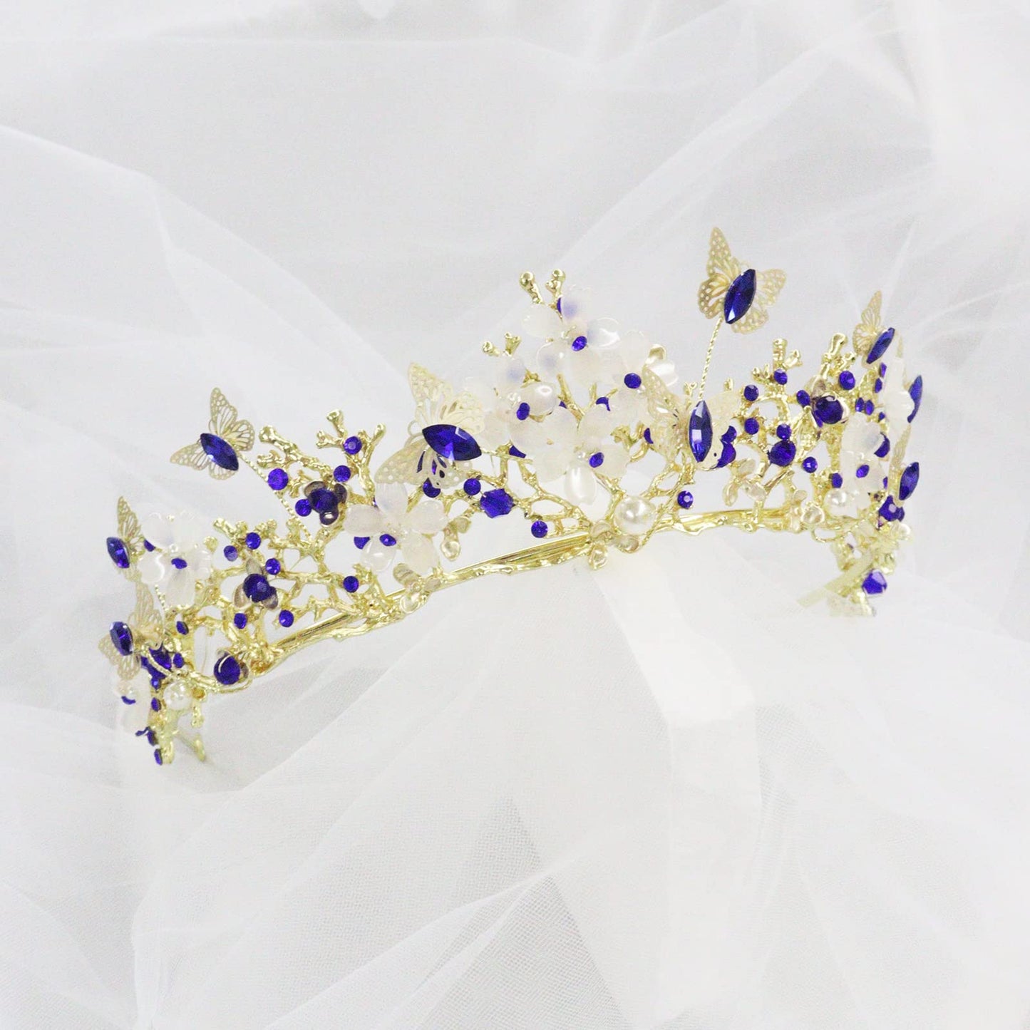 Brihasory Butterfly Queen Birthday Crowns Gold Tiaras for Bride, Crystal Royal Princess Wedding Rhinestone Headband, Costmue Party Christmas Halloween Black Prom Headpiece for Women and Girls (Blue)