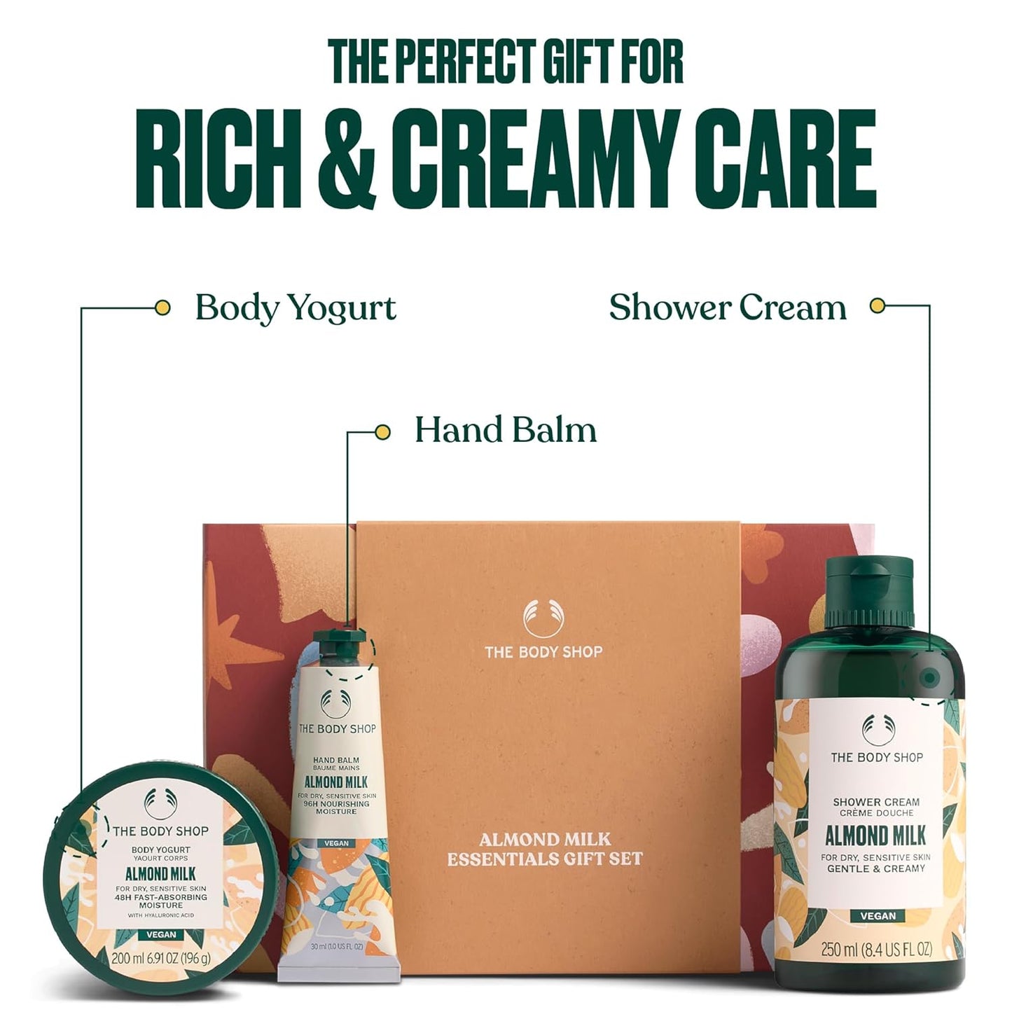 The Body Shop Almond Milk Essentials Set - Shower Cream, Hand Balm & Body Yogurt for Dry Skin | Vegan