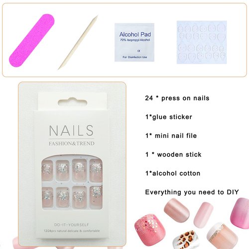 Press on Nails Short Square Fake Nails Glitter Sequins Acrylic Nails Glossy Light Pink Glue on Nails Cute False Nails Translucent Stick on Nails for Women Girls 24 Pcs