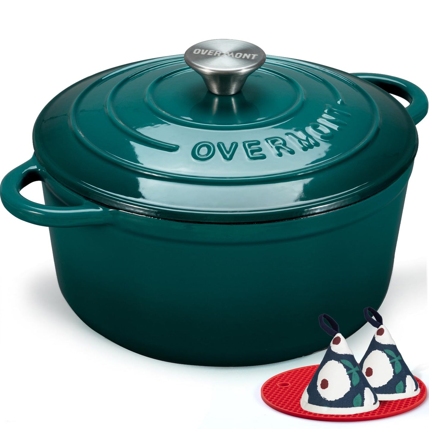 Overmont Enameled Cast Iron Dutch Oven - 4.5QT Pot with Lid Cookbook & Cotton Potholders - Heavy-Duty Cookware for Braising, Stews, Roasting, Bread Baking bottle green