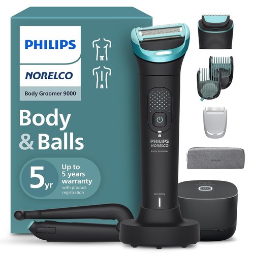 Philips Norelco Body Groomer 9000 Series - 100% Showerproof Men's Hair Trimmer & Intimate Shaver with UV Cube Cleaner & Adjustable Back Attachment