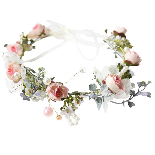 YnimioAOX Handmade Adjustable Flower Wreath Headband Halo Floral Crown Garland Headpiece,C15-light pink