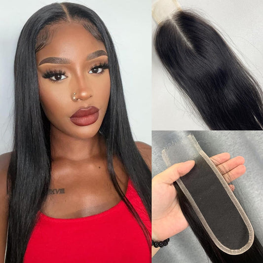 myshow 2x6 Lace Closure Straight Virgin Human Hair 100% Hand Tied HD Transparent Lace Closure Long Deep Parting Human Hair Closure Natural Black Color Kim K Middle Part Closure 16 Inch