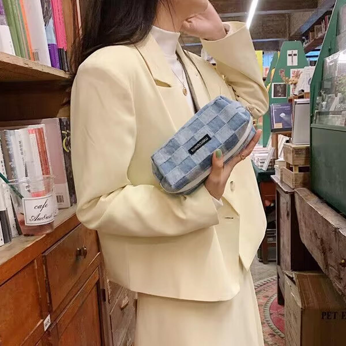 Cosmetic Bags for Women Makeup Bag Large Capacity Purse Travel Toiletry Zipper Storage Pouch Make up Brushes Organizer for Gifts (Checkered, Denim Blue)