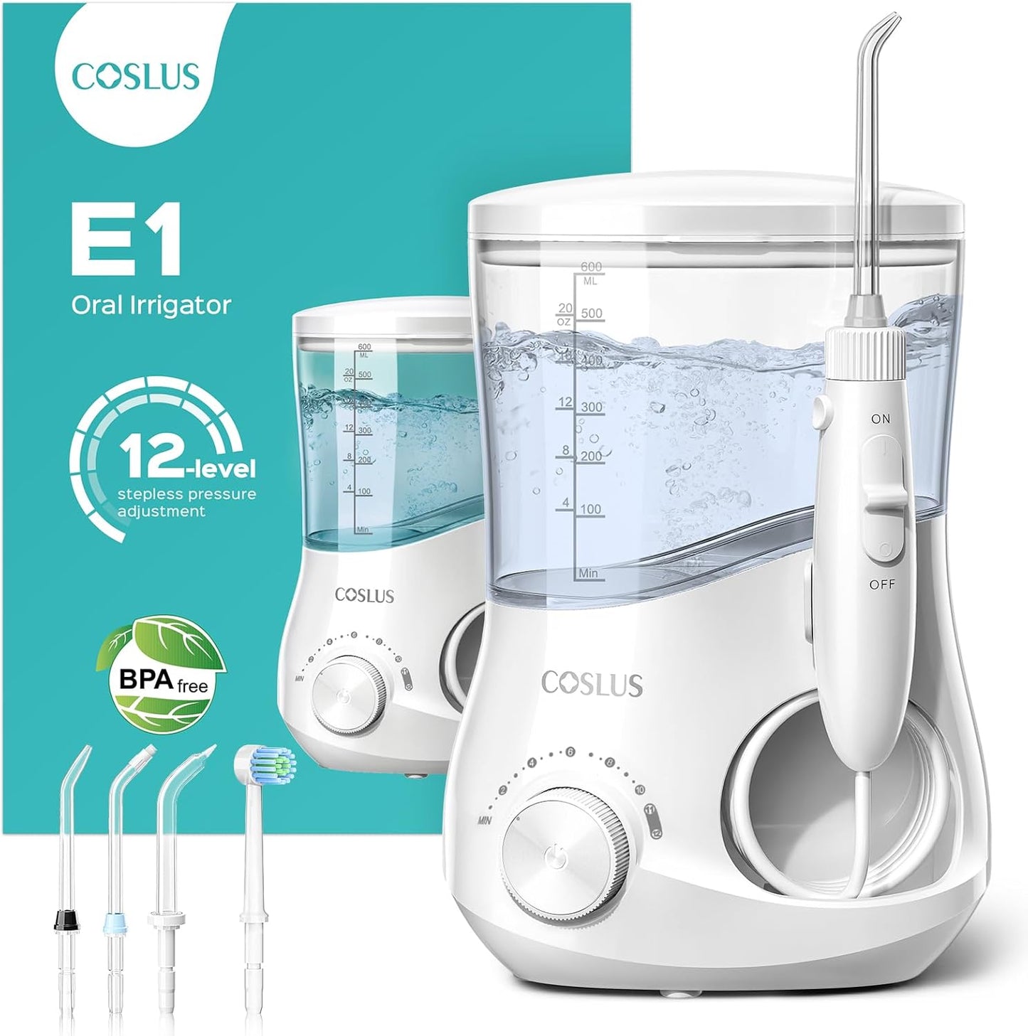 COSLUS E1 Electric Water Flosser - Professional Dental Pick for Orthodontics & Sensitive Gums | 12 Pressure Settings & 5 Tips, White