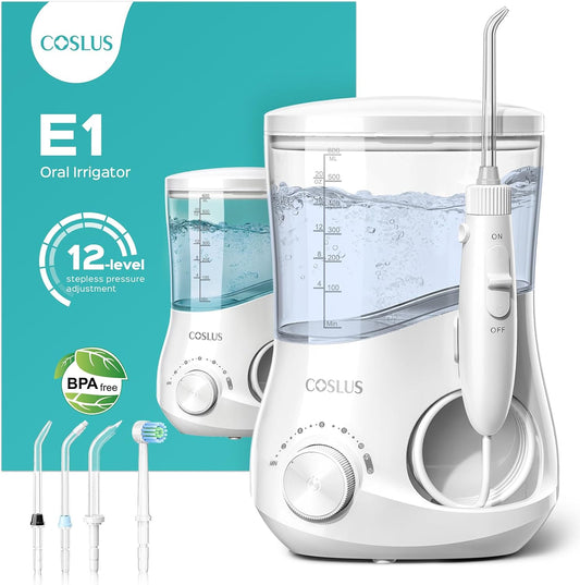 COSLUS E1 Electric Water Flosser - Professional Dental Pick for Orthodontics & Sensitive Gums | 12 Pressure Settings & 5 Tips, White