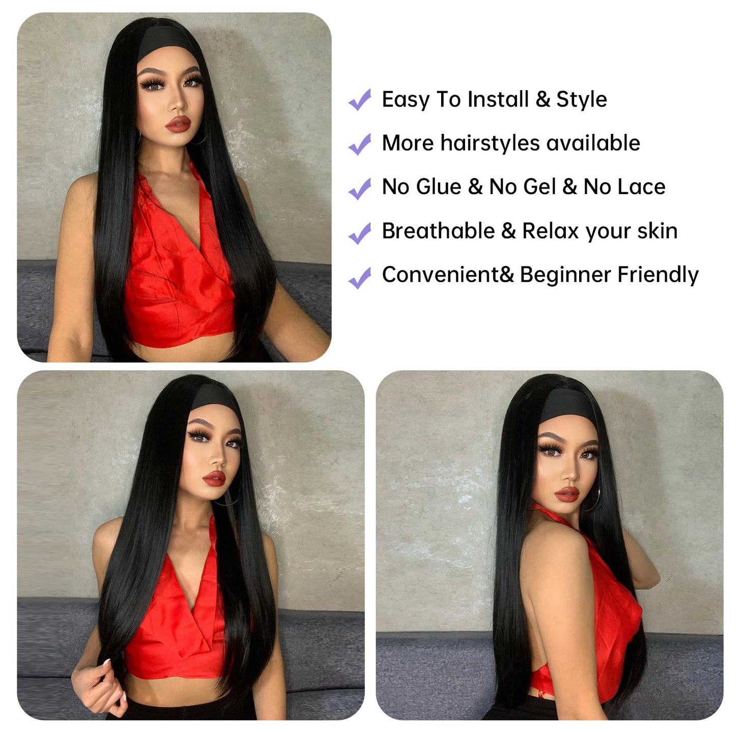 testar Headband Wig Black Wigs for Women Long Straight Wig Silky Hair Natural Color Cute Wigs None Lace Front Synthetic Wig High Density