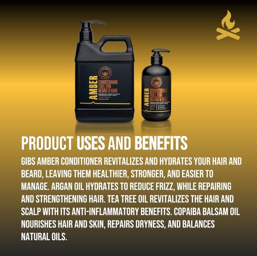 GIBS Amber Beard & Hair Conditioner - Revitalize Dry Hair, Control Frizz & Detangle - Antimicrobial & Antioxidant, Made in USA