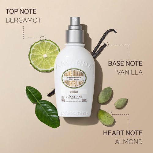 L'OCCITANE Almond Hair & Body Mist - Lightweight Fragrance Spray with Sweet Vanilla Scent for Hydrating Glow