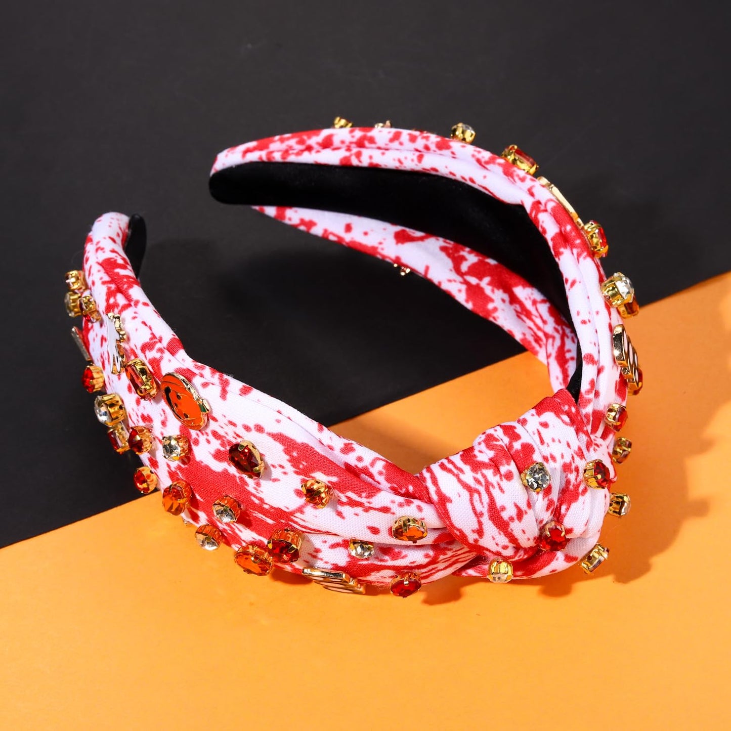 Halloween Headband for Women BOO Bat Vampire Lips Charm Knotted Headband Crystal Blood Splatter Print Top Knot Hairband