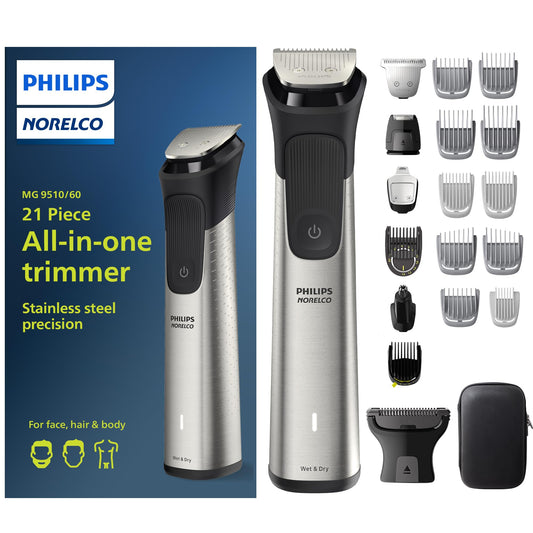 Philips Norelco Multigroom Series 9000-21 Piece Men's Grooming Kit for Beard, Body, face, Nose, Ear Hair Trimmer w/Premium Storage case, MG9510/60
