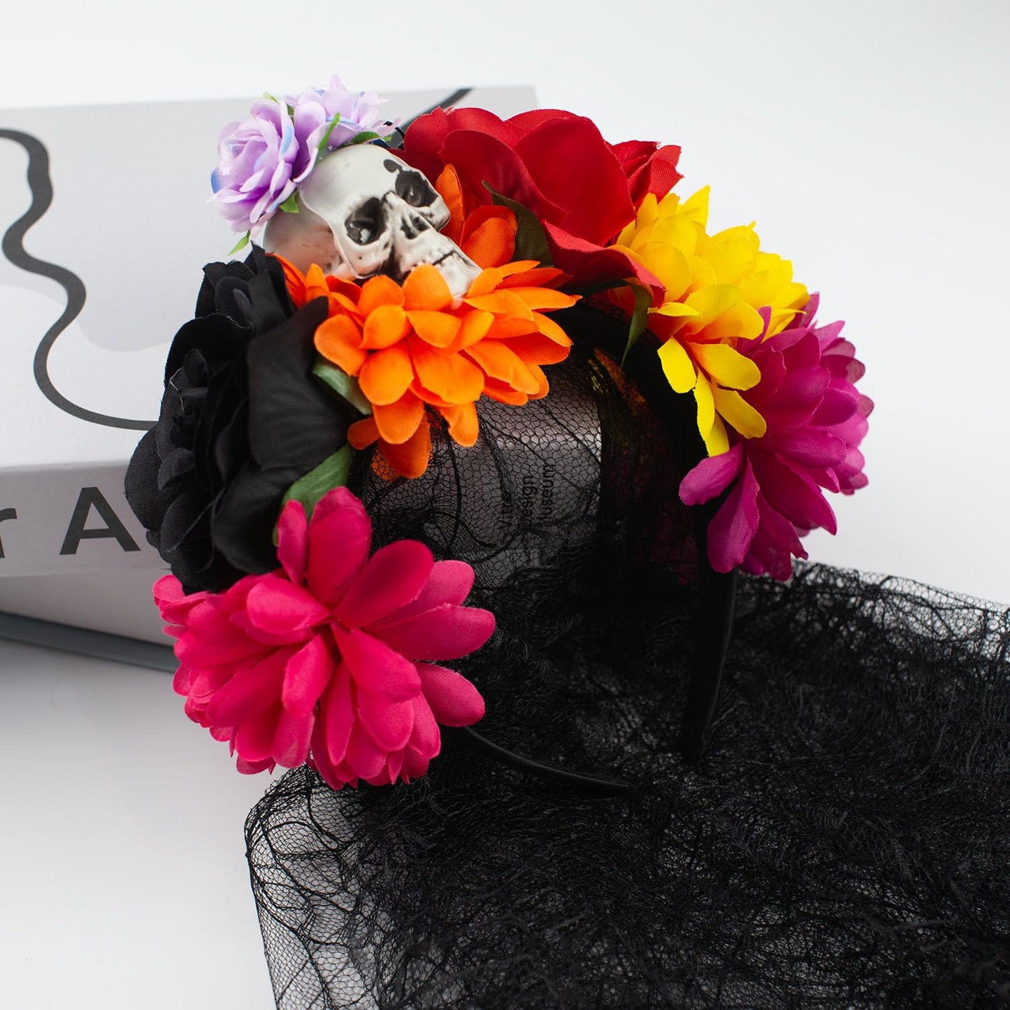 Bubbmi Mexican Flower Crown Headband with Black Veil, Day of the Dead Headpiece, Halloween Easter Festival Headwear with Skull, Dia De Los Muertos Hairhoop