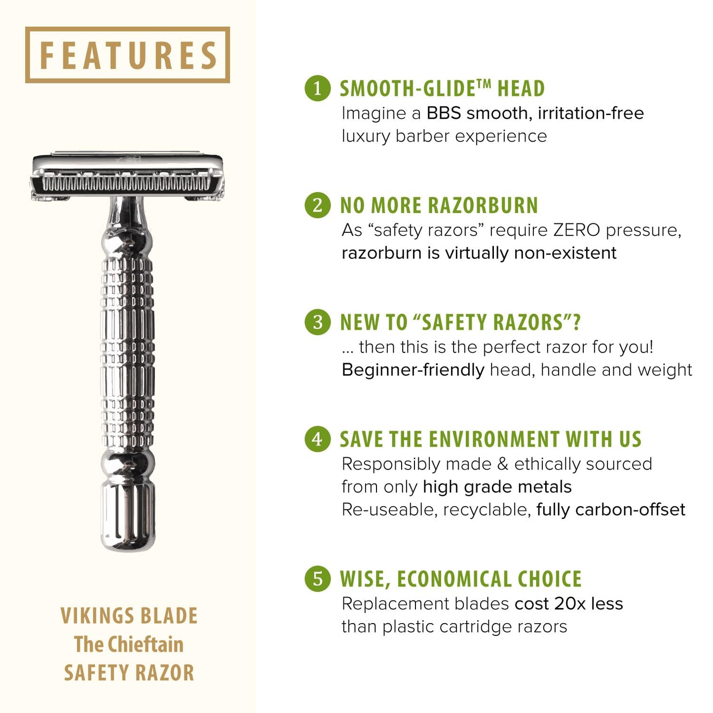 VIKINGS BLADE Double Edge Safety Razor for Men - 5 Swedish Steel Blades & Luxury Case | Eco-Friendly Design