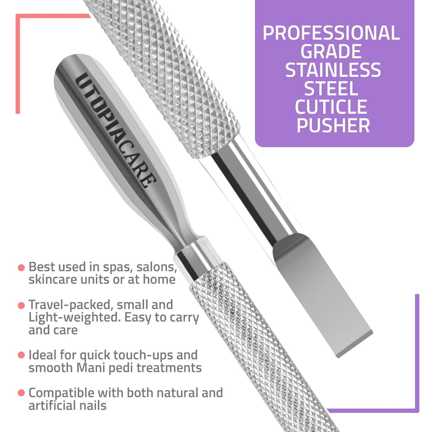 Utopia Care Cuticle Pusher Tool - Professional Stainless Steel Nail Cleaner & Remover | Durable Manicure & Pedicure Tool in Silver