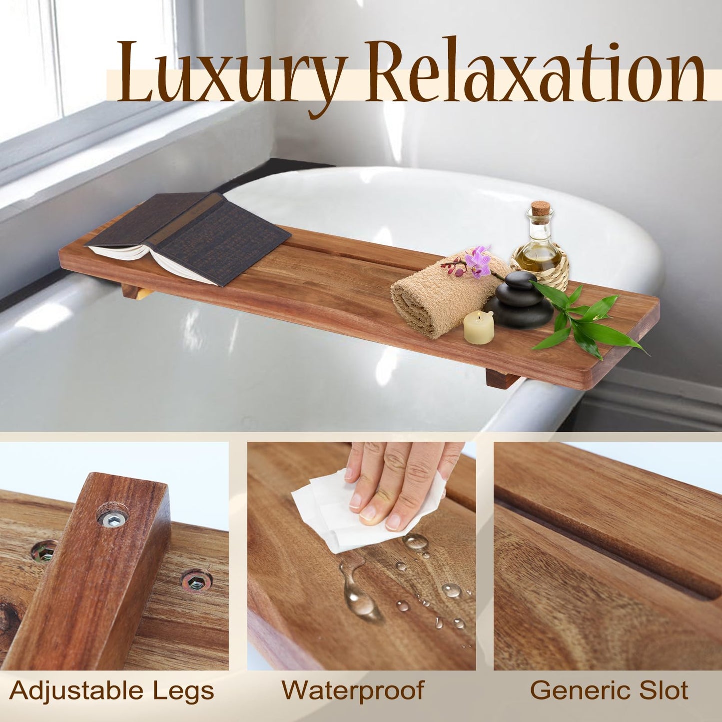 Premium 1.2IN Thickened Board Acacia Wood Bathtub Tray Caddy with Adjustable Legs, Minimalistic Design Bath Tray for Tub, Bathtub Accessories, Fits Most Free Standing Bath Tubs, Idea for Women