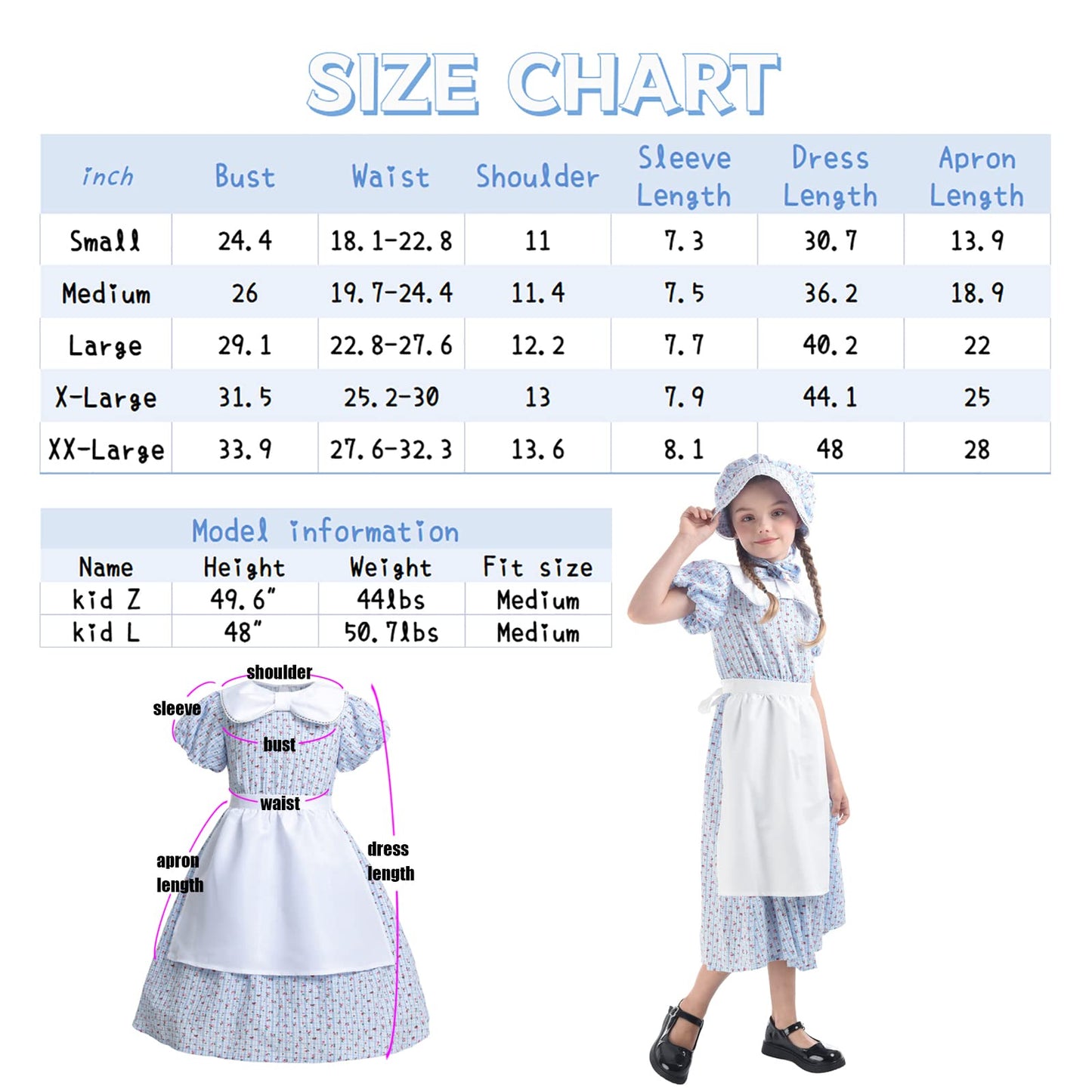 LTAKK Prairie Dresses Girls Pioneer Colonial Costume Girl Pilgrim Dress with Apron and Bonnet, Blue Plaid Floral, Large