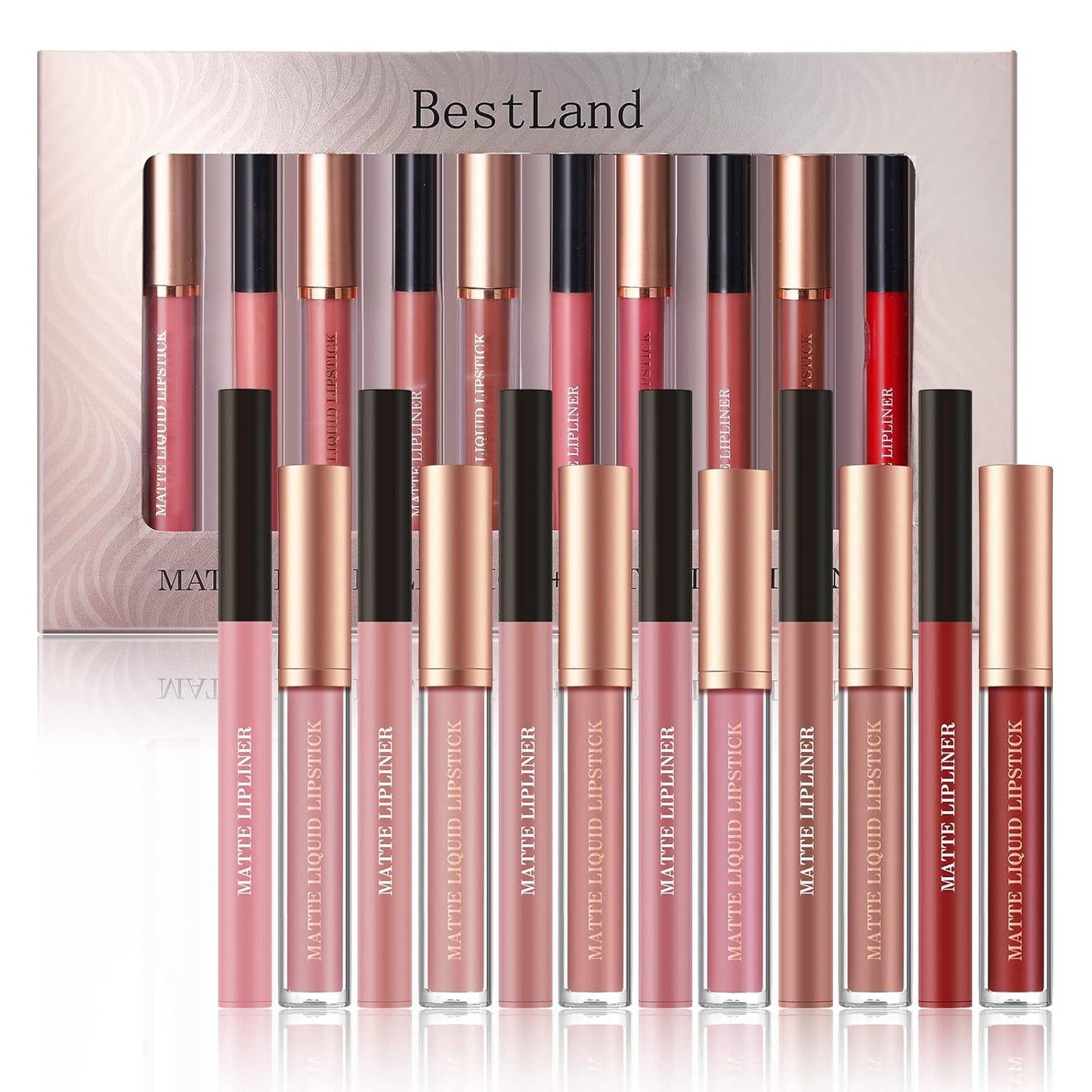 BestLand 12-Piece Matte Liquid Lipstick & Lip Liner Set - Waterproof, Long-Wear Velvet Nude Stains