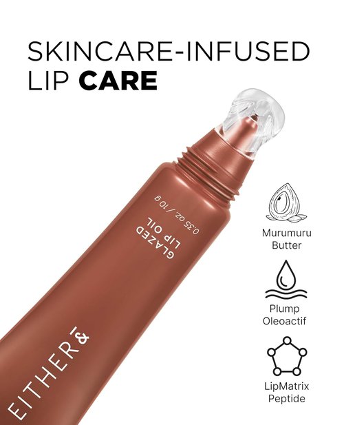 EITHER& Glazed Lip Oil - Tinted Glossy Lip Moisturizer with Peptides | Lightweight & Non-Sticky, 10g