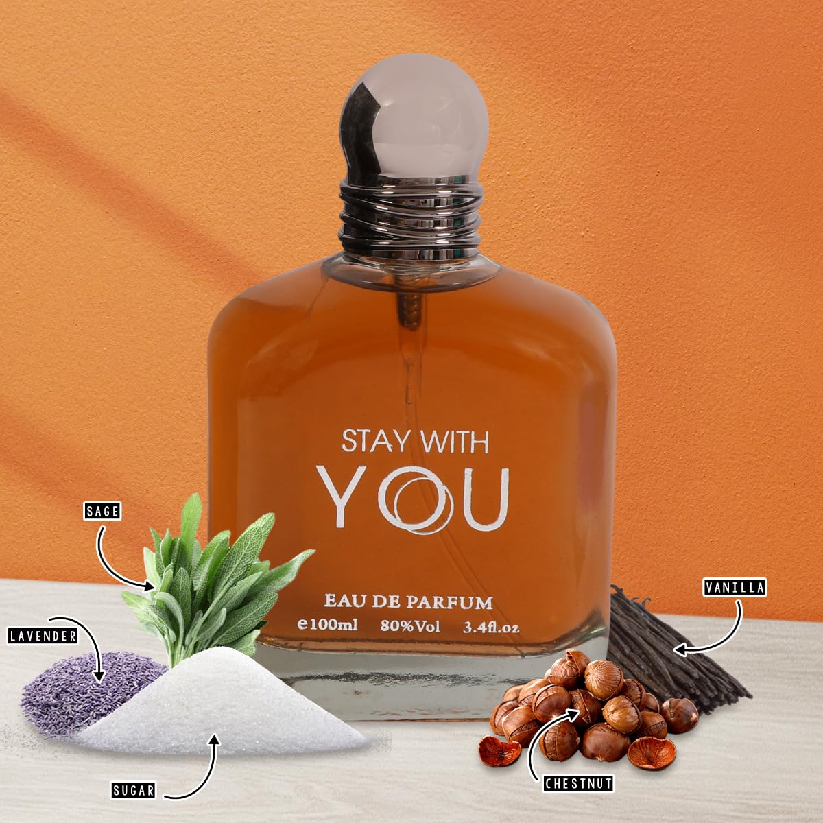 Stay With You Eau de Parfum for Men - Warm, Sweet & Smoky Cologne with Chestnut, Vanilla & Lavender - 3.4 Fl Oz / 100ml