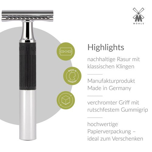 MÜHLE NEO Safety Razor - Double Edge Design for Beginners & Experts | Eco-Friendly Chrome with Black Grip