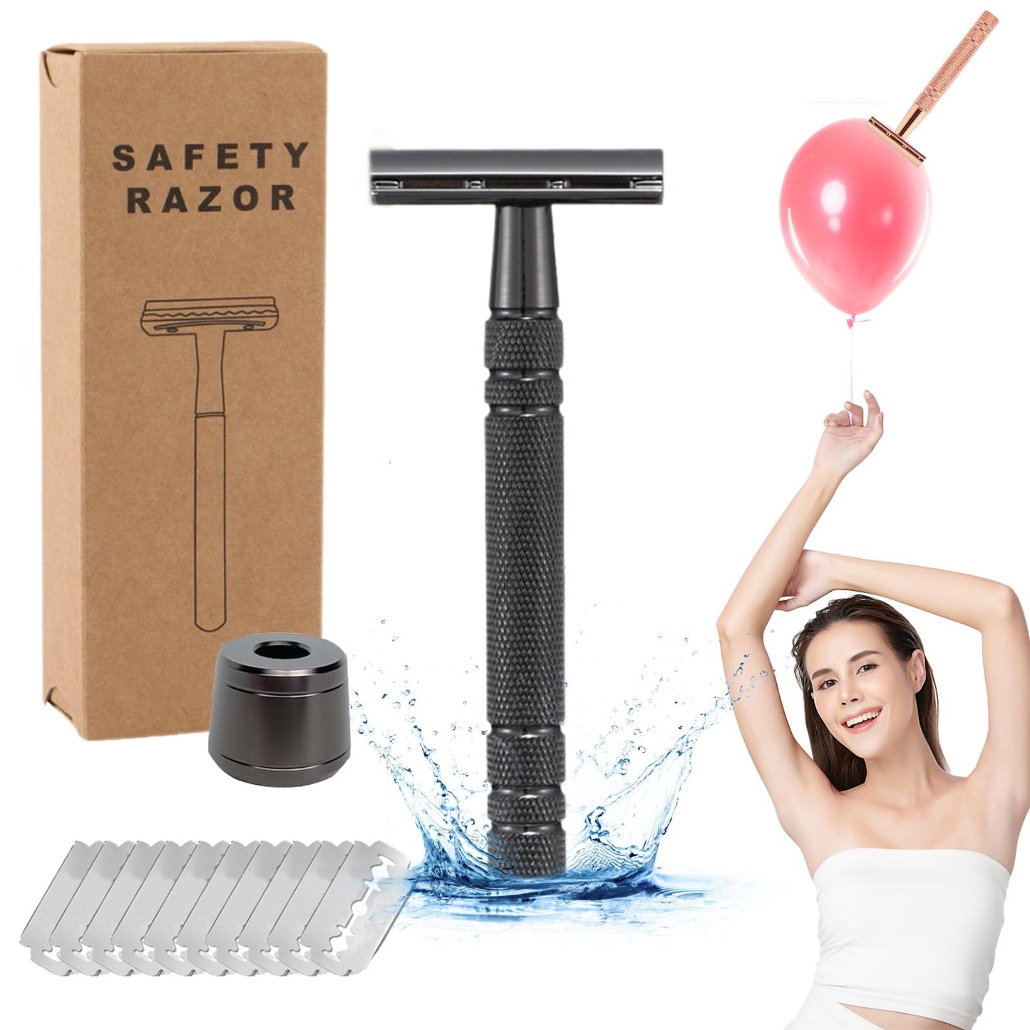 Safety Razor for Women, Double Edge Safety Razor Blades, Reusable Smooth Shave, Painless Hair Removal, Metal Shave Women for Leg Arm Underarm Bikini (Black with Stand)