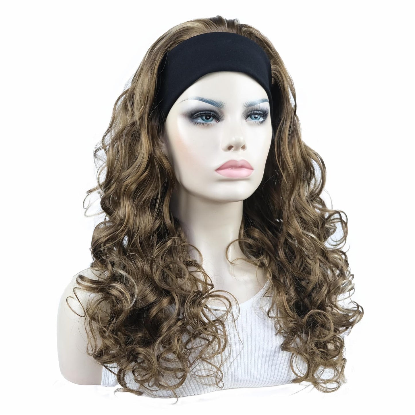 Aimole Long 22" Curly 3/4 Women Wigs With Headband Soft Layered Wig Heat Resisting Fiber Synthetic Hair (12TT26 light Brown with Highlights)