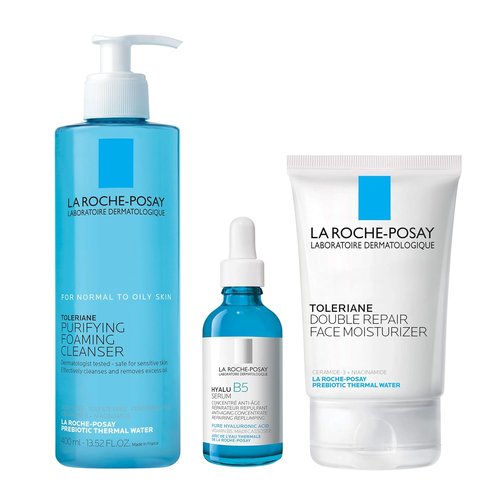 La Roche-Posay Toleriane Purifying Cleanser | Double Repair Moisturizer & Hyalu B5 Serum Set