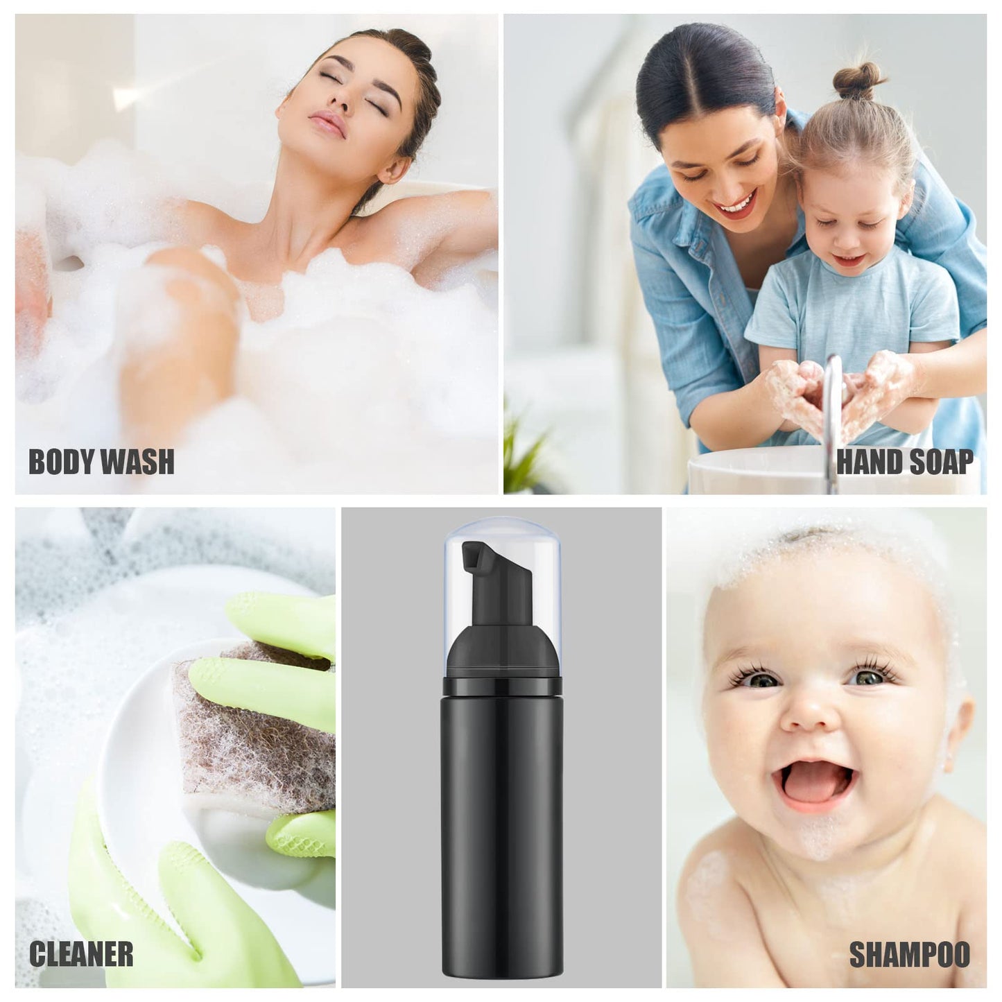 Lil Ray 50PCS Black Foam Bottle with Black Pump, Empty Travel Foaming Dispensers for Hand Soap,Lash Shampoo(2 Oz)